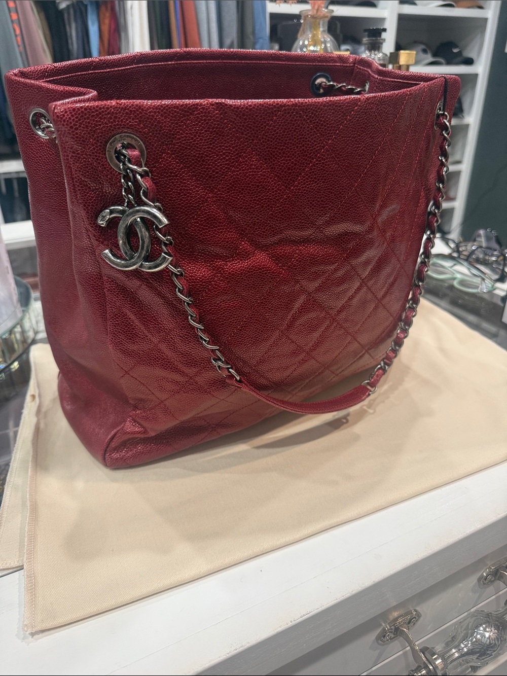 CHANEL Burgundy Quilted Leather Tote with Chain-Interlaced Straps